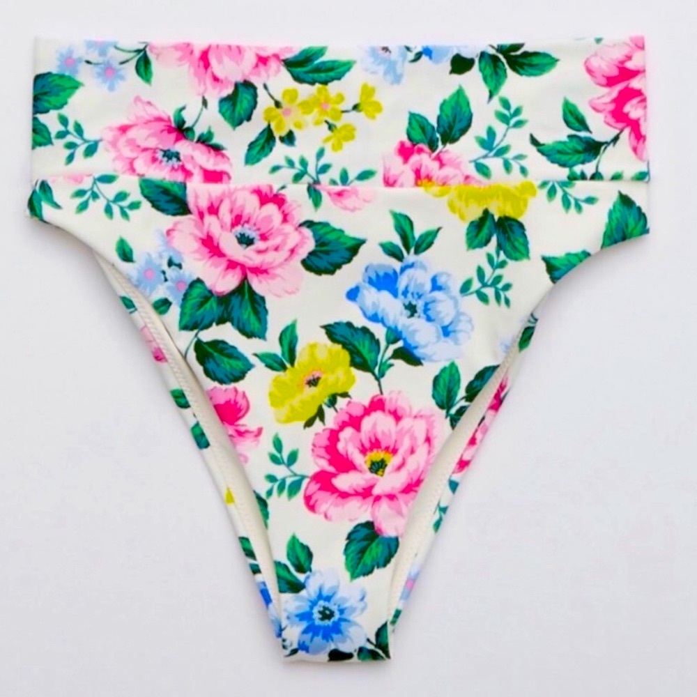 aerie Cream Floral High-Rise Bikini Bottoms with Pink, Blue & Yellow Blooms